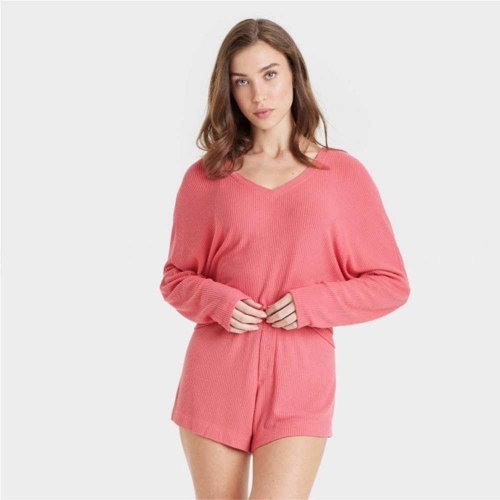 Cozy Ribbed Pullover - Auden™ Coral Pink Relaxed Fit, V Neck new 🆕